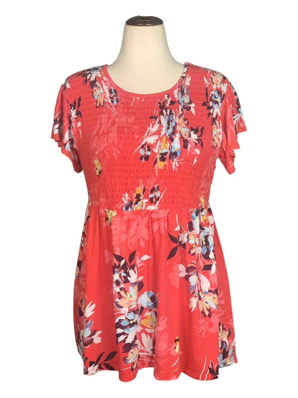 Torrid Coral Red Floral Smocked Babydoll Top Flutter Sleeves Cottagecore Large 2 - Picture 2 of 11